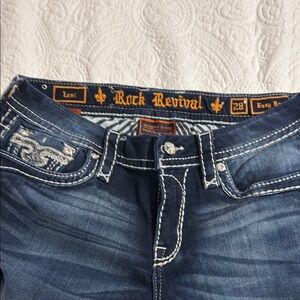 Rock Revival Blue Boot Cut Jeans W/Signature Stitching Crystal beading Inlay